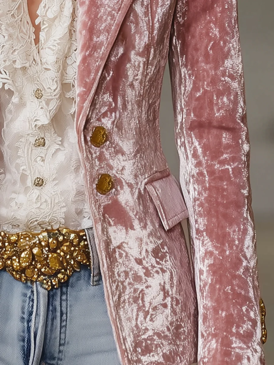 Retro Pink Velvet Gold Button Blazer-thevervian