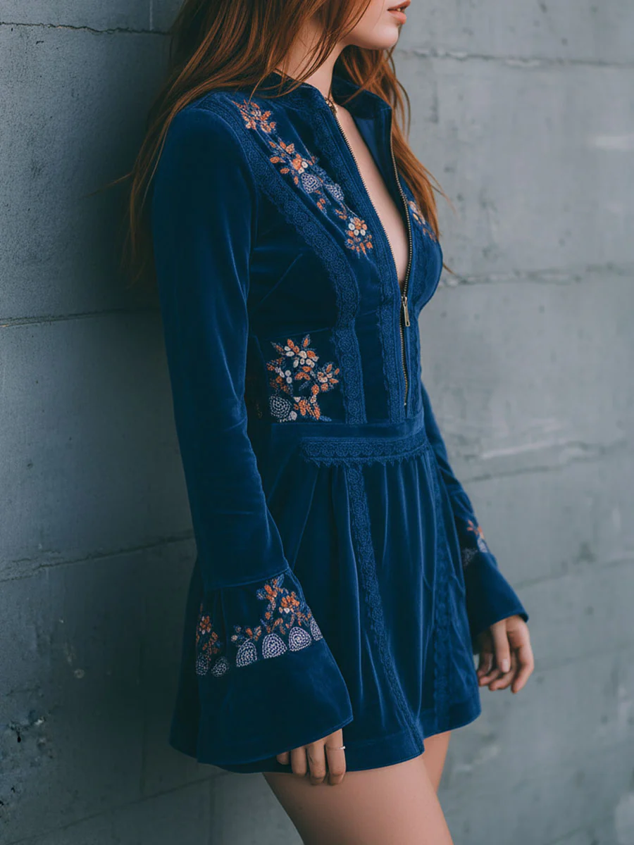 Blue Velvet Zip-up Lace-trimmed Embroidered Mini Dress-thevervian