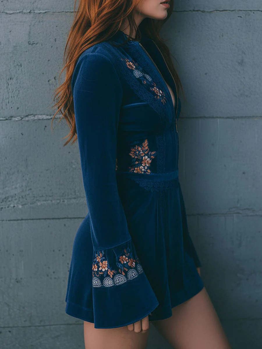 Blue Velvet Zip-up Lace-trimmed Embroidered Mini Dress-thevervian
