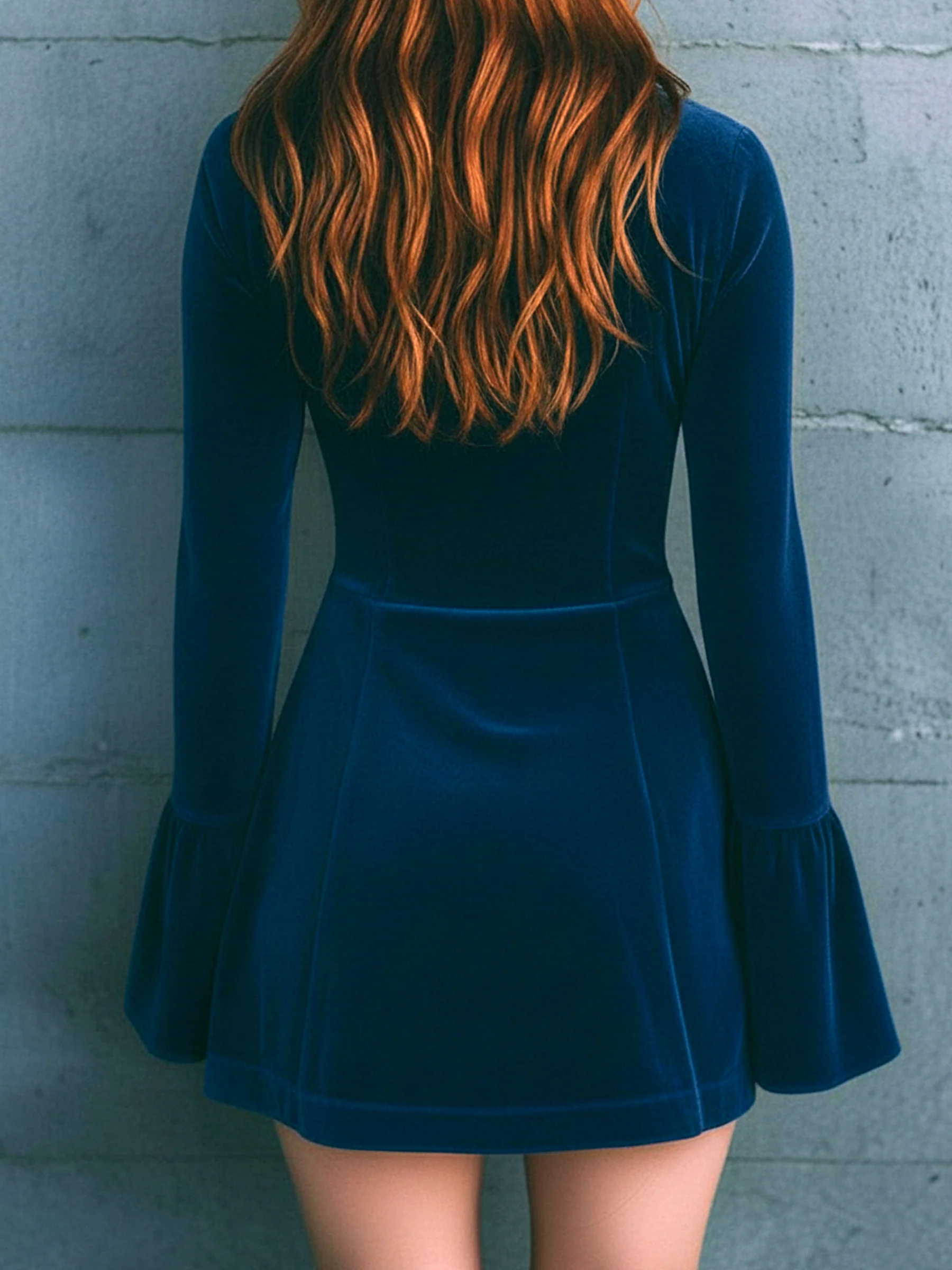 Blue Velvet Zip-up Lace-trimmed Embroidered Mini Dress-thevervian