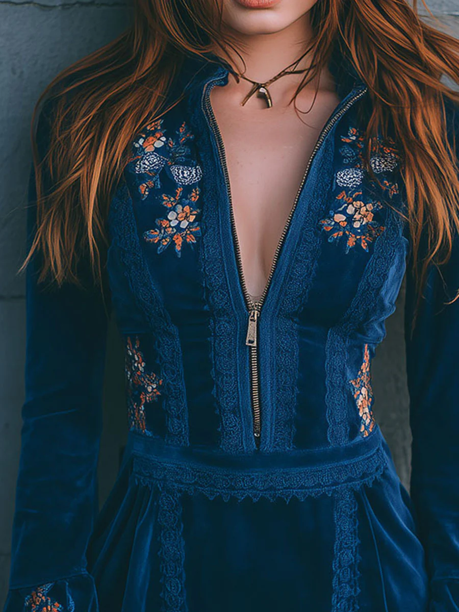 Blue Velvet Zip-up Lace-trimmed Embroidered Mini Dress-thevervian