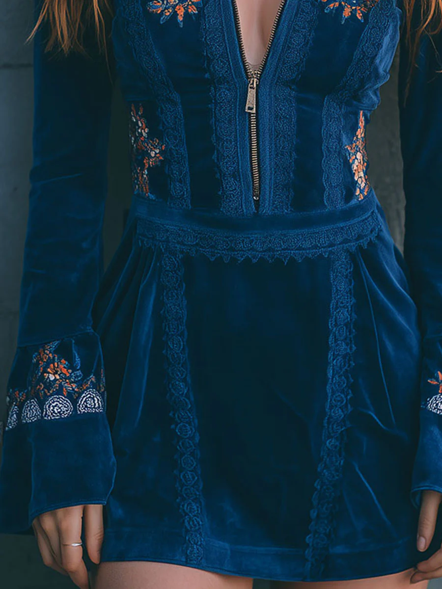 Blue Velvet Zip-up Lace-trimmed Embroidered Mini Dress-thevervian