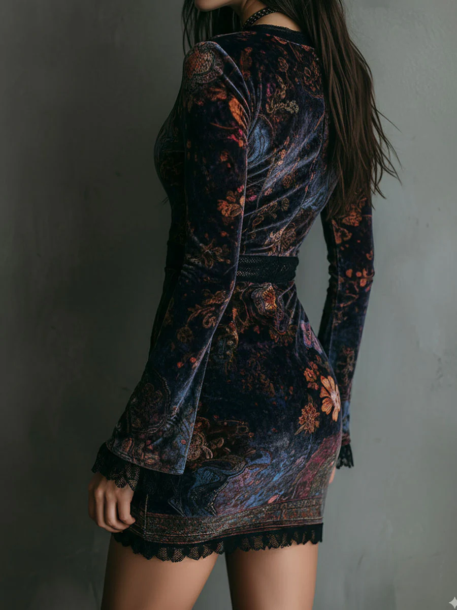 Floral Print V-neck Velvet Lace Trim Slim-fit Mini Dress-thevervian
