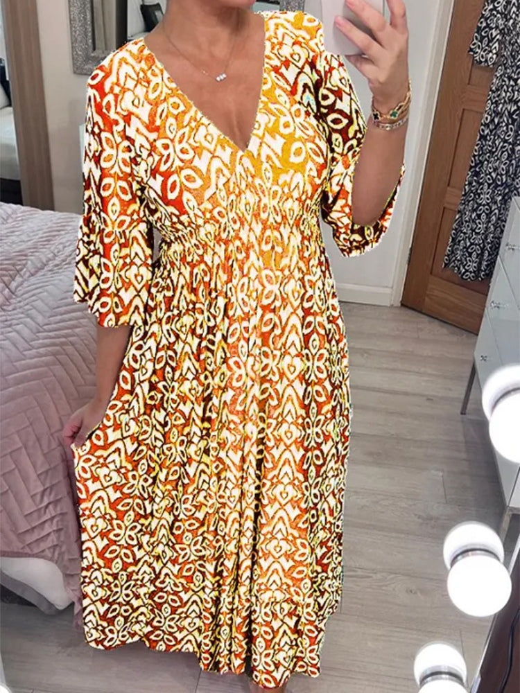 Bohemian Casual Print V-neck Waist Wrap Long Dress-thevervian