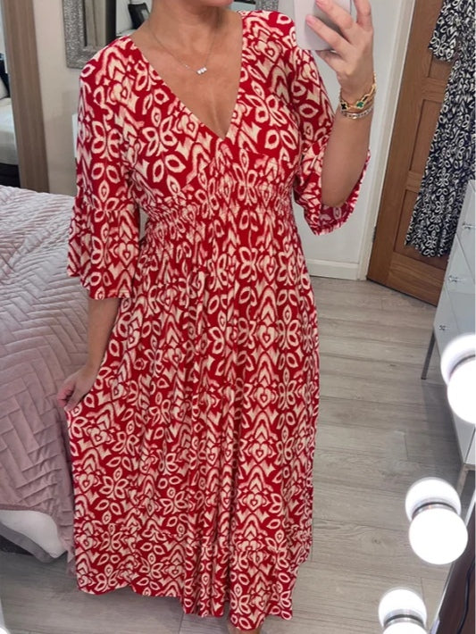 Bohemian Casual Print V-neck Waist Wrap Long Dress-thevervian