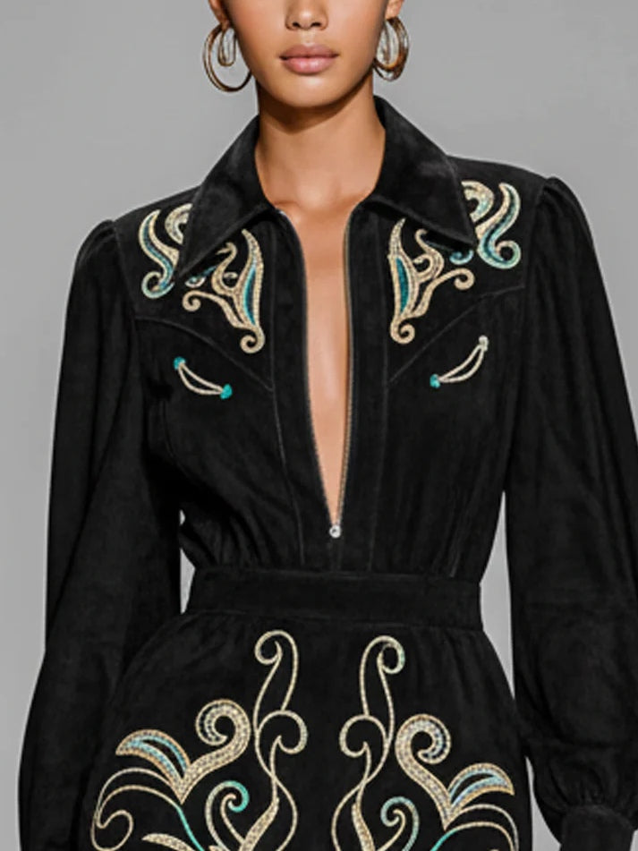 Black Faux Suede Embroidered Zip-up Mini Dress-thevervian