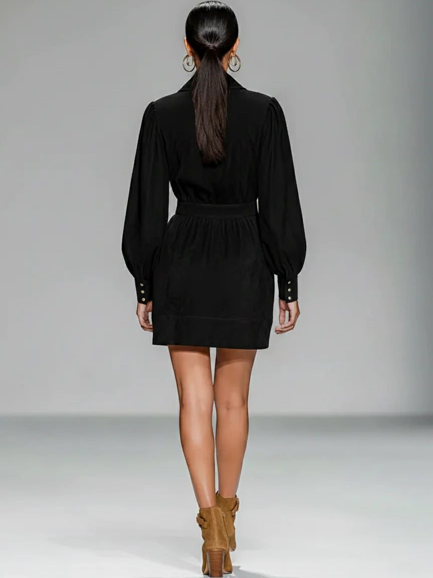 Black Faux Suede Embroidered Zip-up Mini Dress-thevervian