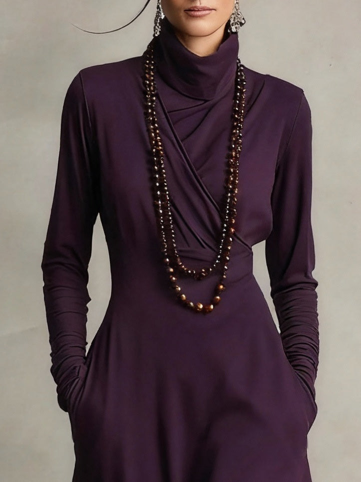 Purple Turtleneck Plaid Patchwork Faux Two-piece Midi Dress (necklace not included)-thevervian