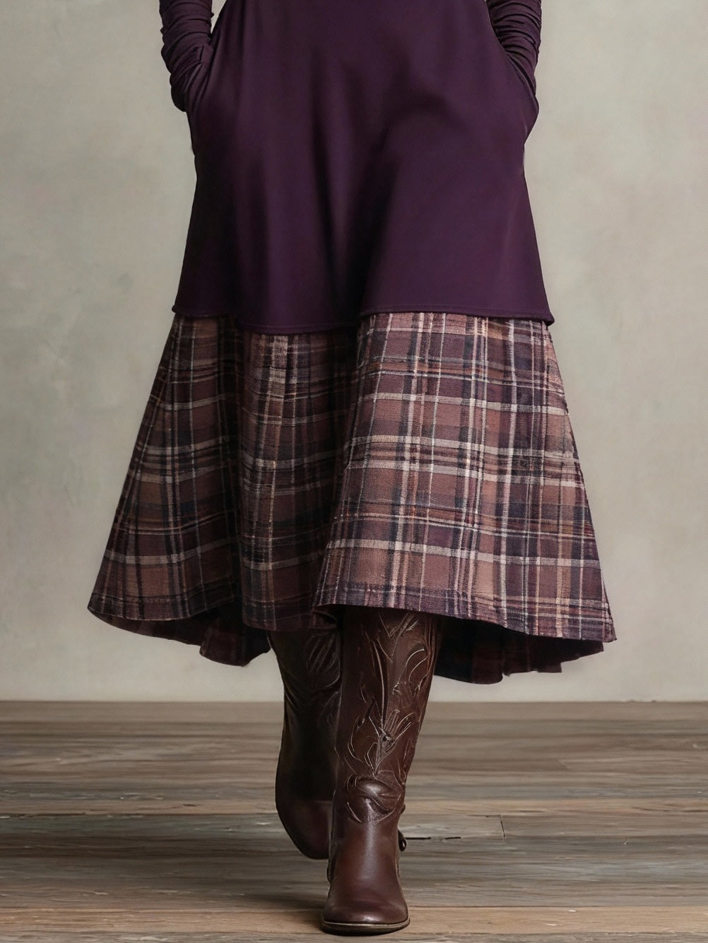 Purple Turtleneck Plaid Patchwork Faux Two-piece Midi Dress (necklace not included)-thevervian