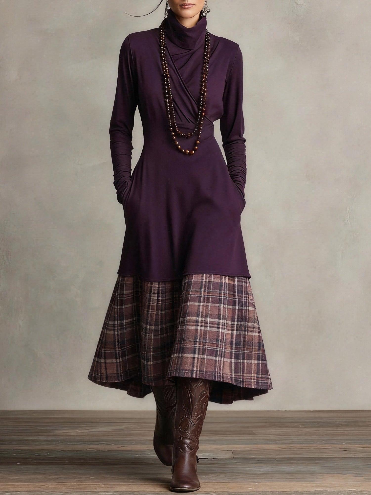 Purple Turtleneck Plaid Patchwork Faux Two-piece Midi Dress (necklace not included)-thevervian