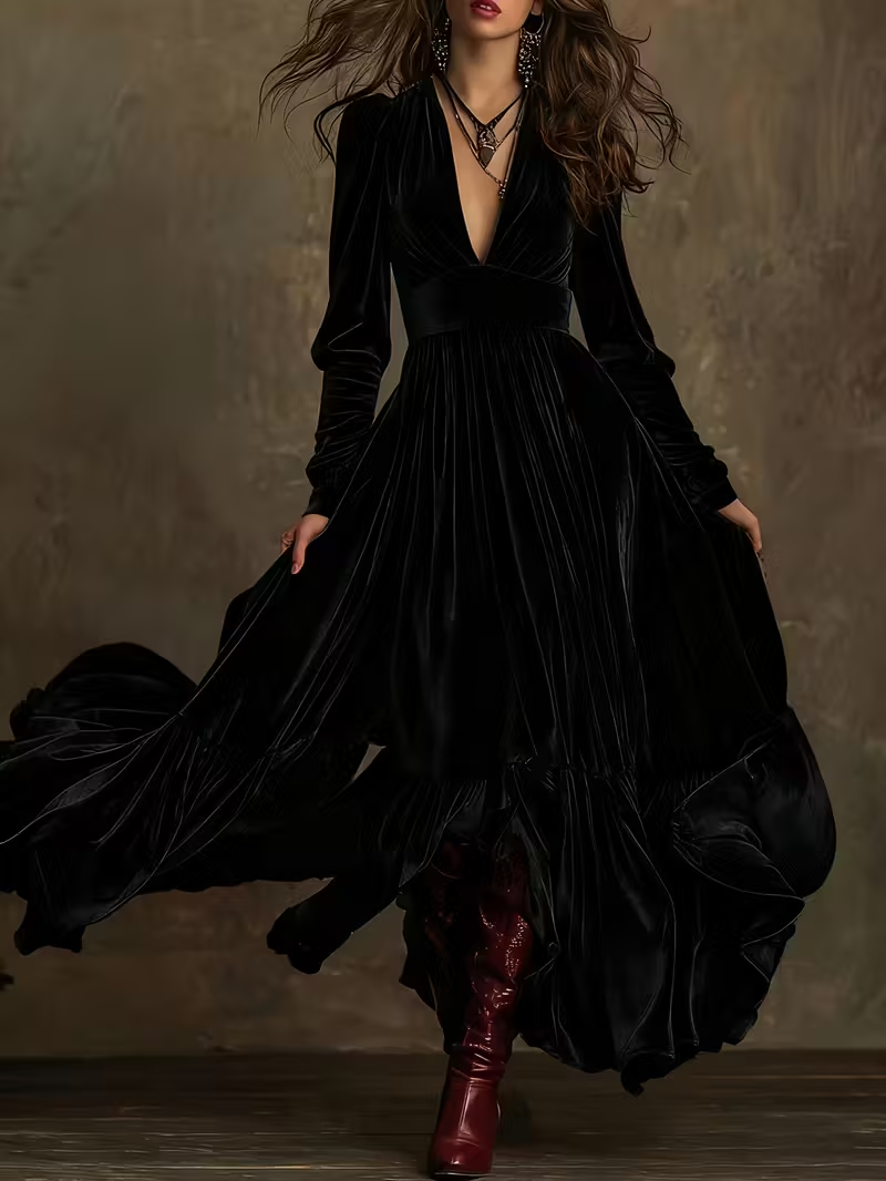 Retro Velvet V-neck Fitted Waist Maxi Dress-thevervian