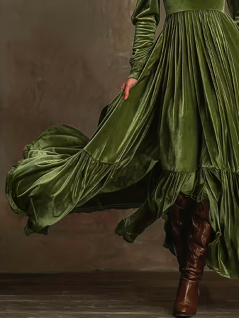 Retro Velvet V-neck Fitted Waist Maxi Dress-thevervian