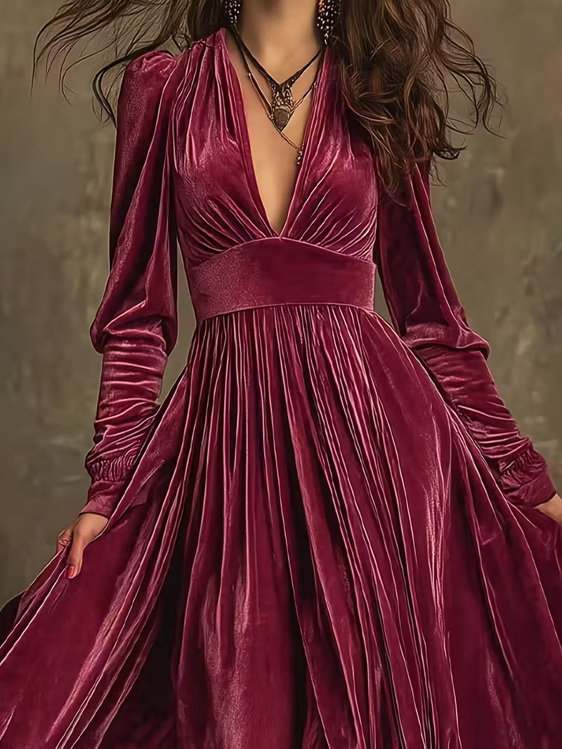 Retro Velvet V-neck Fitted Waist Maxi Dress-thevervian