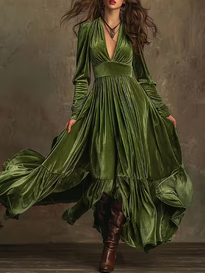 Retro Velvet V-neck Fitted Waist Maxi Dress-thevervian