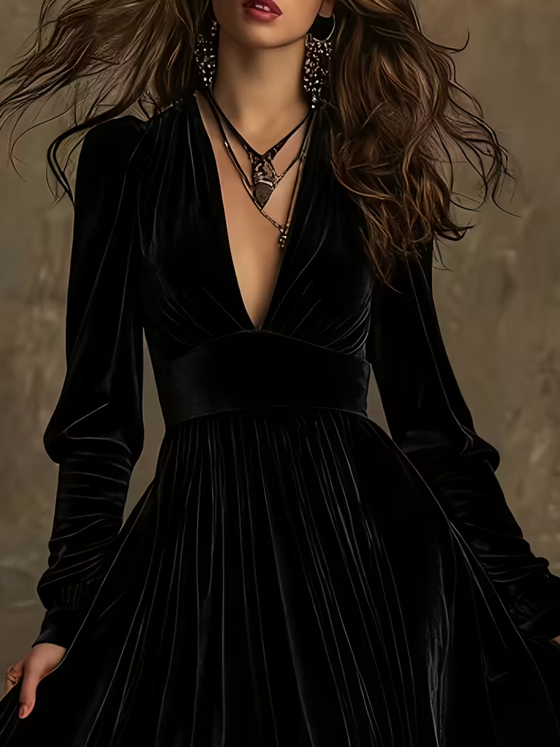 Retro Velvet V-neck Fitted Waist Maxi Dress-thevervian