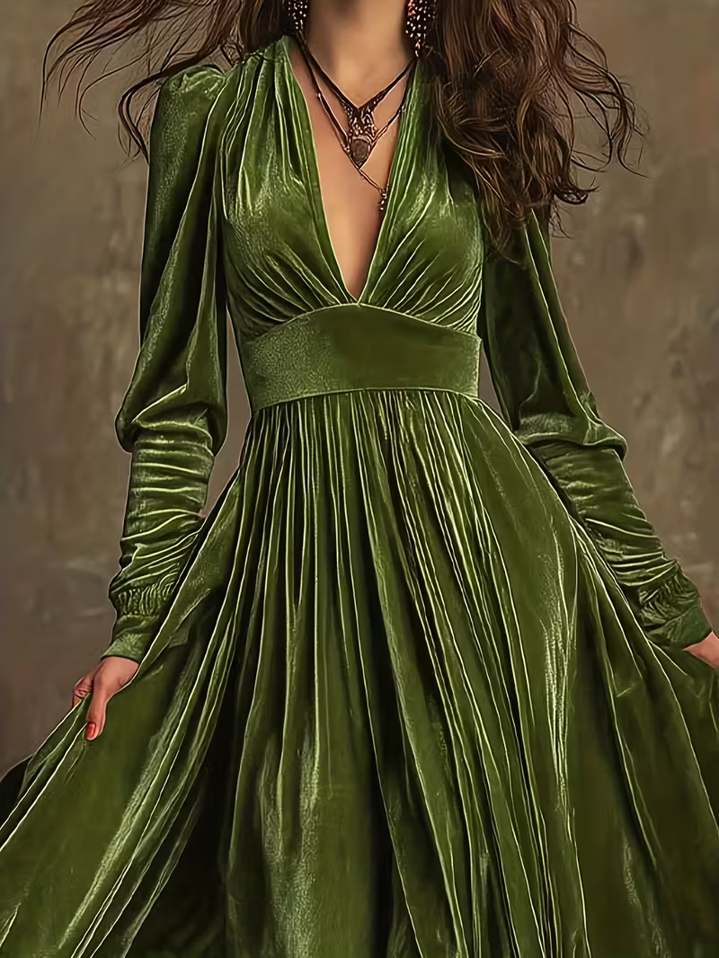 Retro Velvet V-neck Fitted Waist Maxi Dress-thevervian