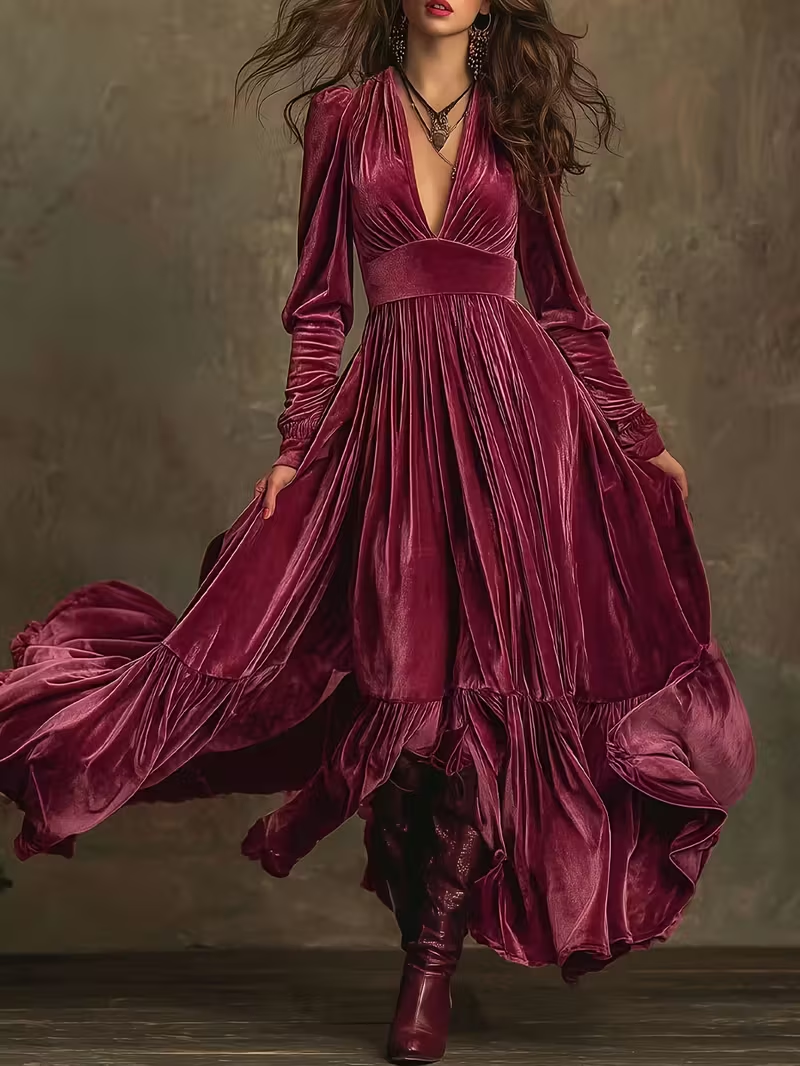 Retro Velvet V-neck Fitted Waist Maxi Dress-thevervian