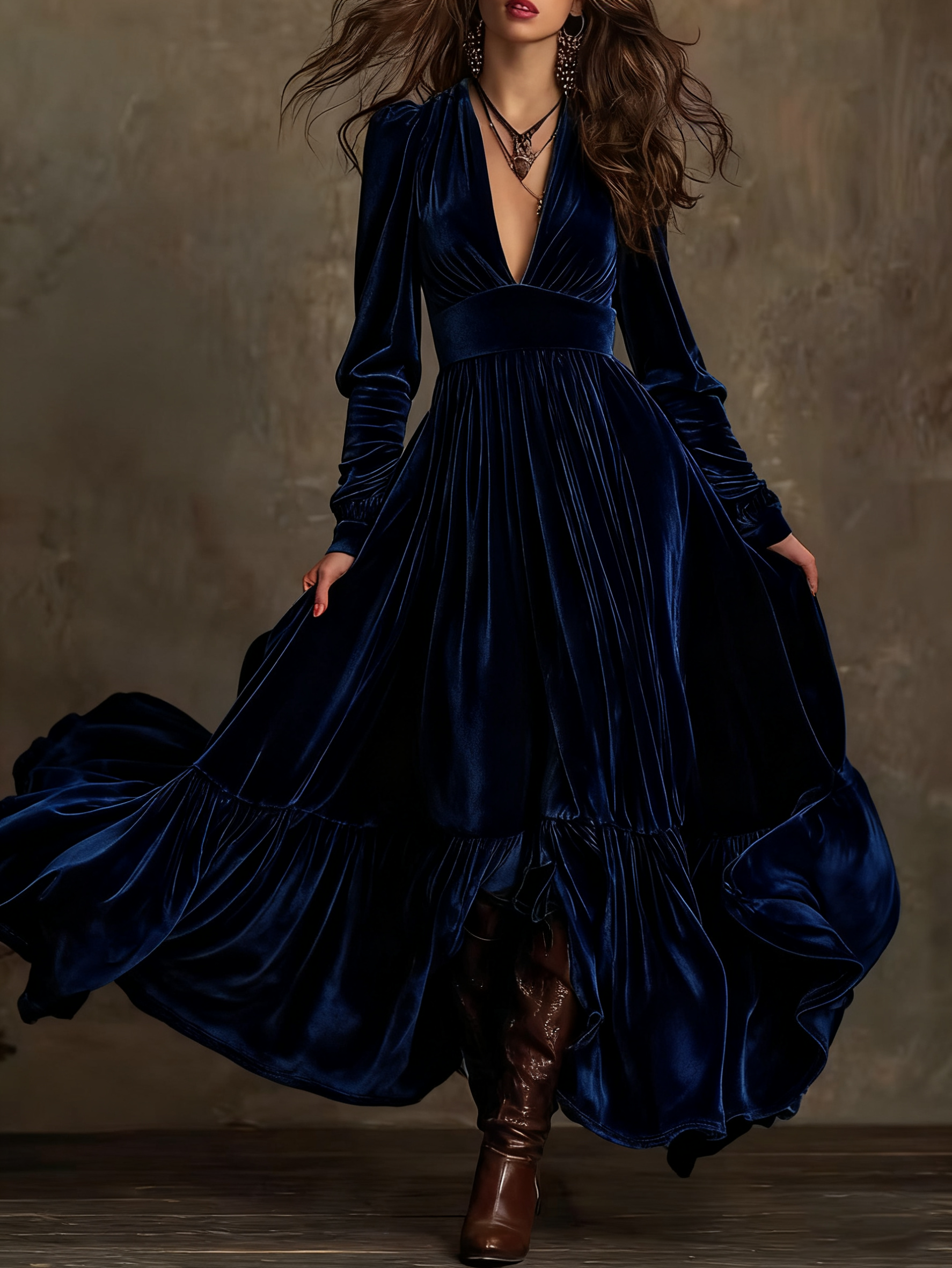 Retro Velvet V-neck Fitted Waist Maxi Dress-thevervian