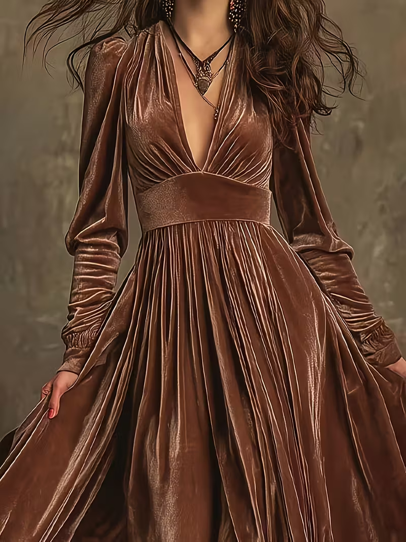 Retro Velvet V-neck Fitted Waist Maxi Dress-thevervian