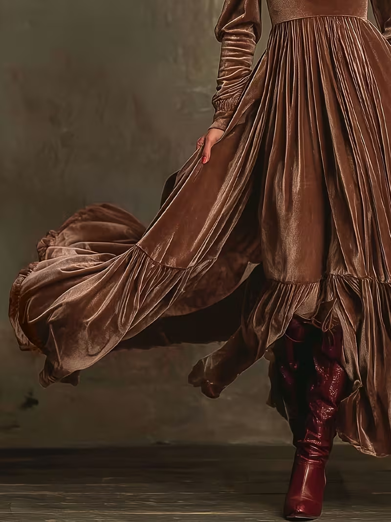 Retro Velvet V-neck Fitted Waist Maxi Dress-thevervian