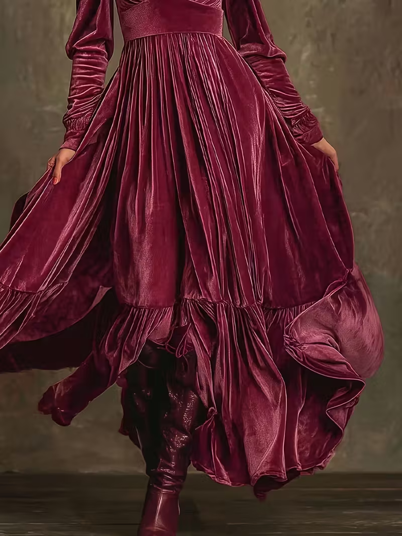 Retro Velvet V-neck Fitted Waist Maxi Dress-thevervian