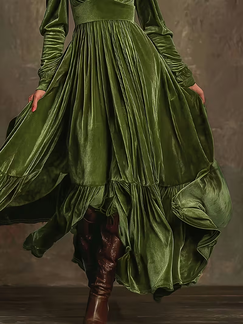 Retro Velvet V-neck Fitted Waist Maxi Dress-thevervian