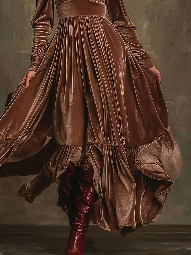 Retro Velvet V-neck Fitted Waist Maxi Dress-thevervian