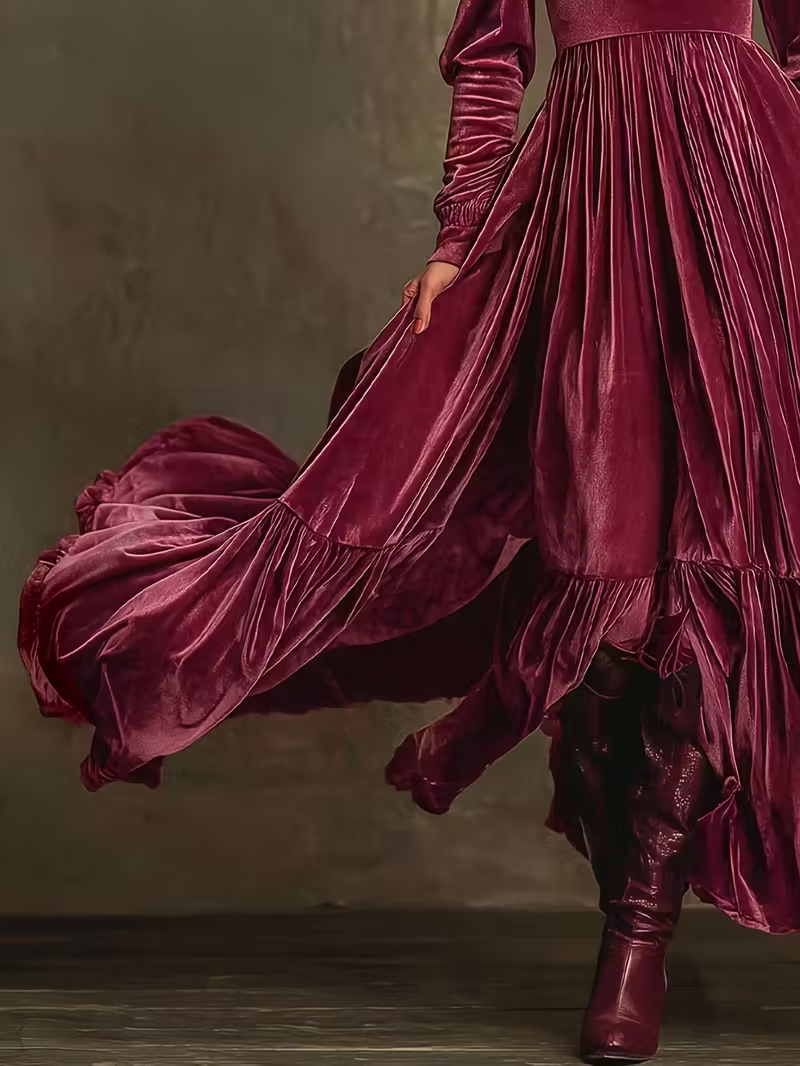 Retro Velvet V-neck Fitted Waist Maxi Dress-thevervian