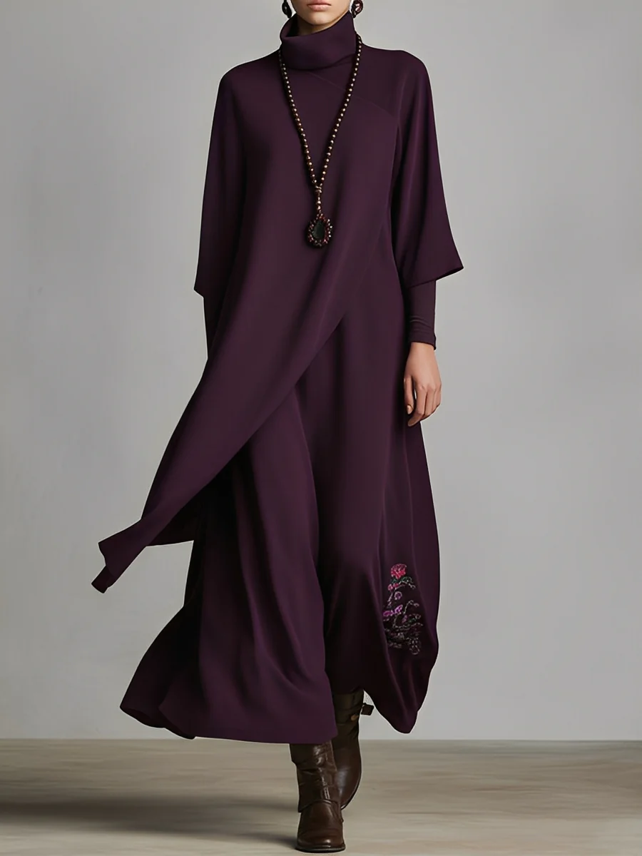 Dark Purple High-neck Embroidered Asymmetrical Pleated Maxi Dress-thevervian
