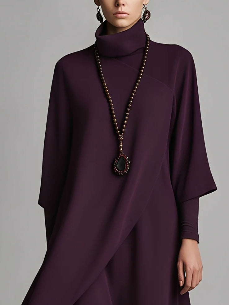 Dark Purple High-neck Embroidered Asymmetrical Pleated Maxi Dress-thevervian