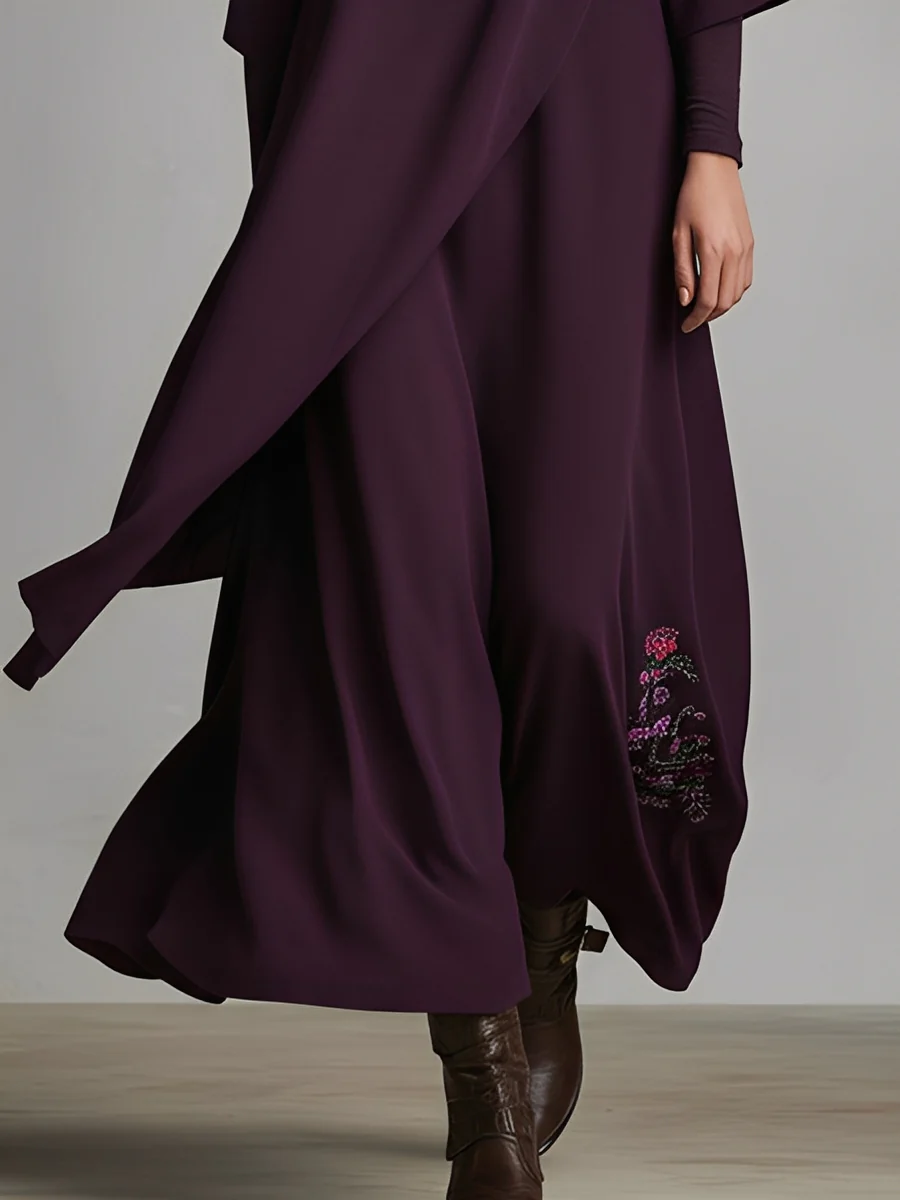 Dark Purple High-neck Embroidered Asymmetrical Pleated Maxi Dress-thevervian
