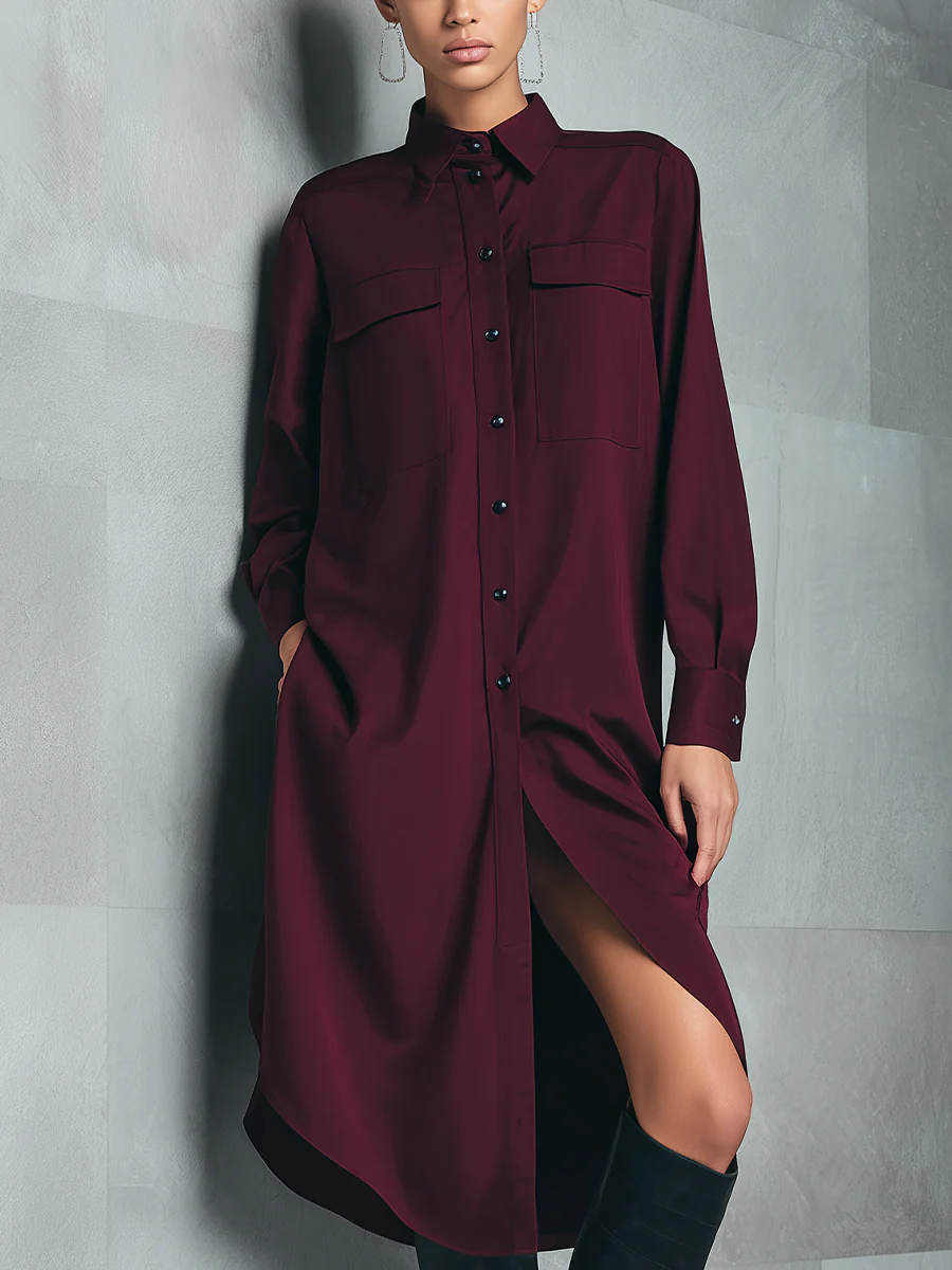 Burgundy Button-down Double-pocket Shirt Dress-thevervian