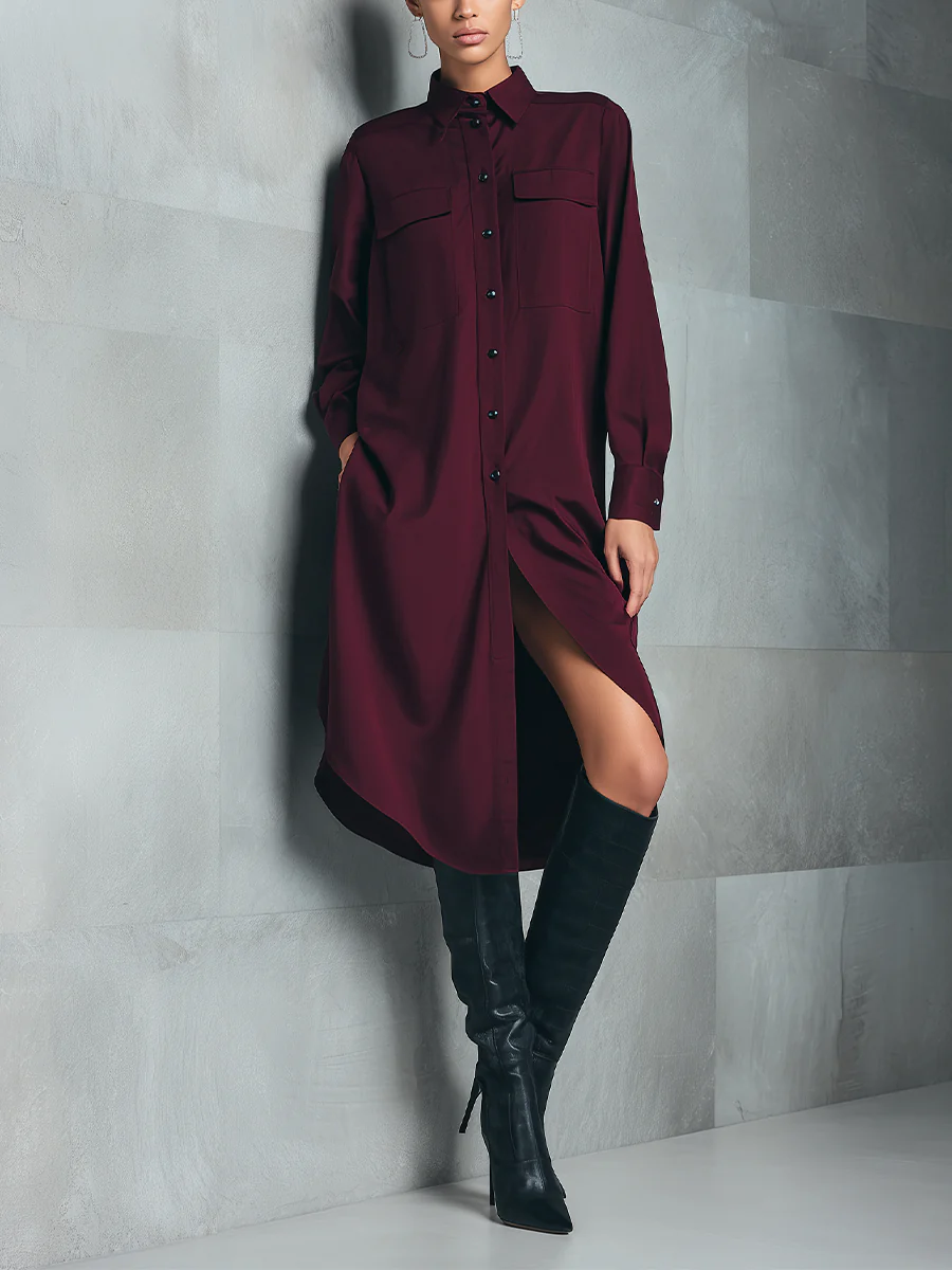 Burgundy Button-down Double-pocket Shirt Dress-thevervian