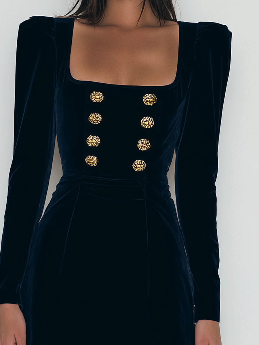 Elegant Navy Velvet Gold Buttons Mini Dress-thevervian