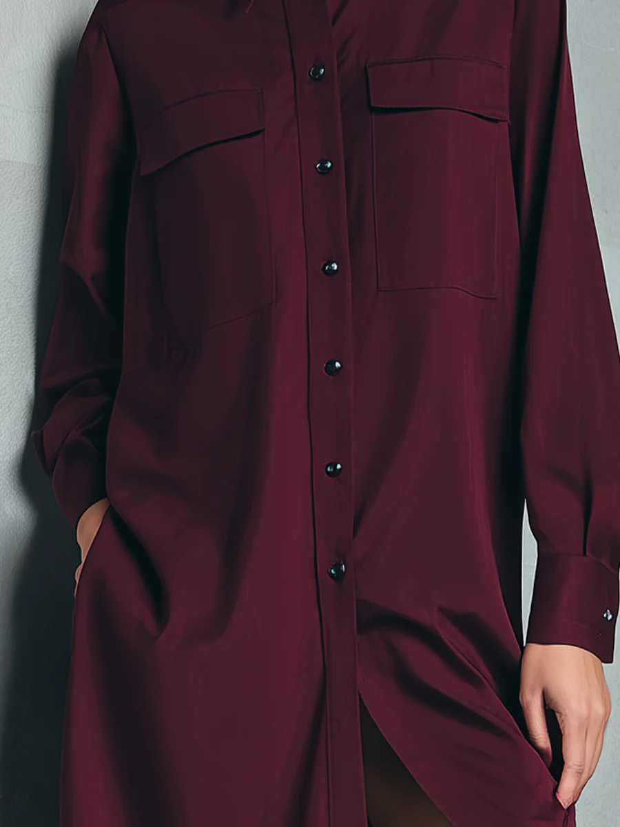 Burgundy Button-down Double-pocket Shirt Dress-thevervian