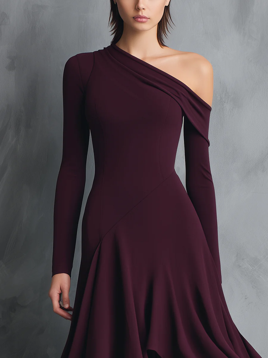 Burgundy Off-shoulder Asymmetrical Hem Maxi Dress-thevervian