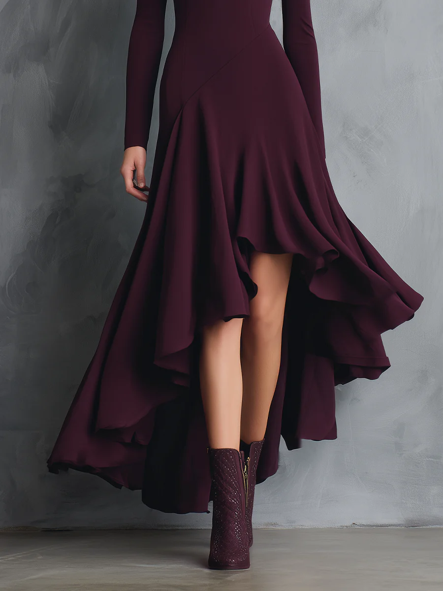 Burgundy Off-shoulder Asymmetrical Hem Maxi Dress-thevervian