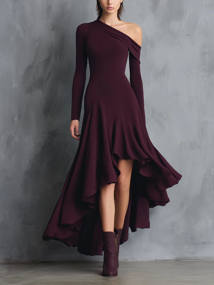 Burgundy Off-shoulder Asymmetrical Hem Maxi Dress-thevervian