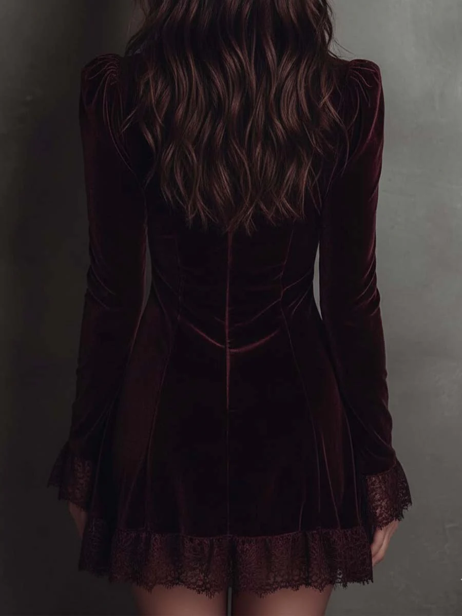 Burgundy Velvet Lace-trimmed V-neck Mini Dress-thevervian