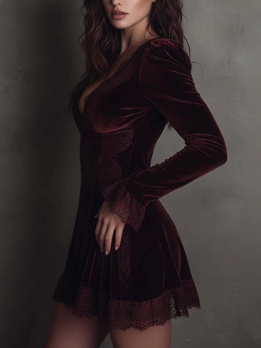 Burgundy Velvet Lace-trimmed V-neck Mini Dress-thevervian