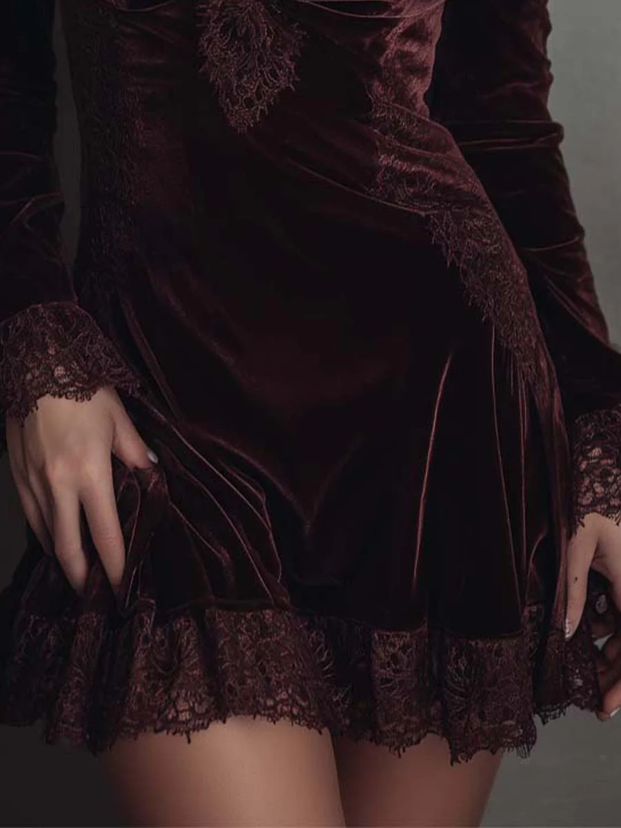 Burgundy Velvet Lace-trimmed V-neck Mini Dress-thevervian