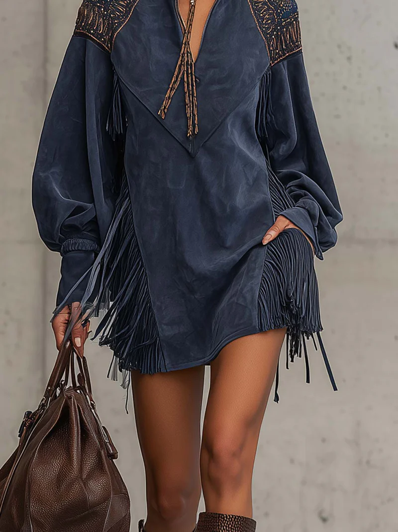 Indigo Faux Suede Embroidered Tassel Stand-up Collar Mini Dress-thevervian