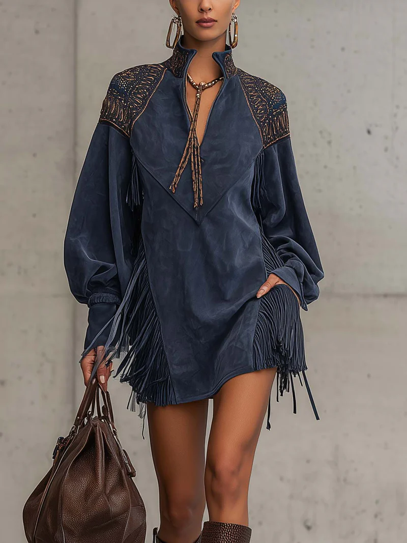 Indigo Faux Suede Embroidered Tassel Stand-up Collar Mini Dress-thevervian
