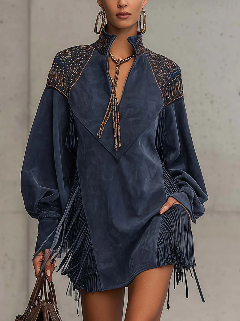 Indigo Faux Suede Embroidered Tassel Stand-up Collar Mini Dress-thevervian