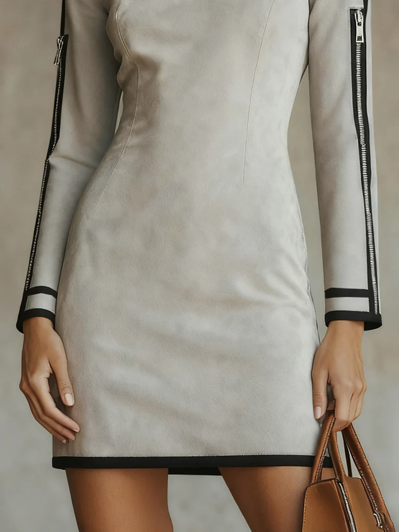 Light Gray Faux Suede High-neck Zip-up Mini Dress-thevervian