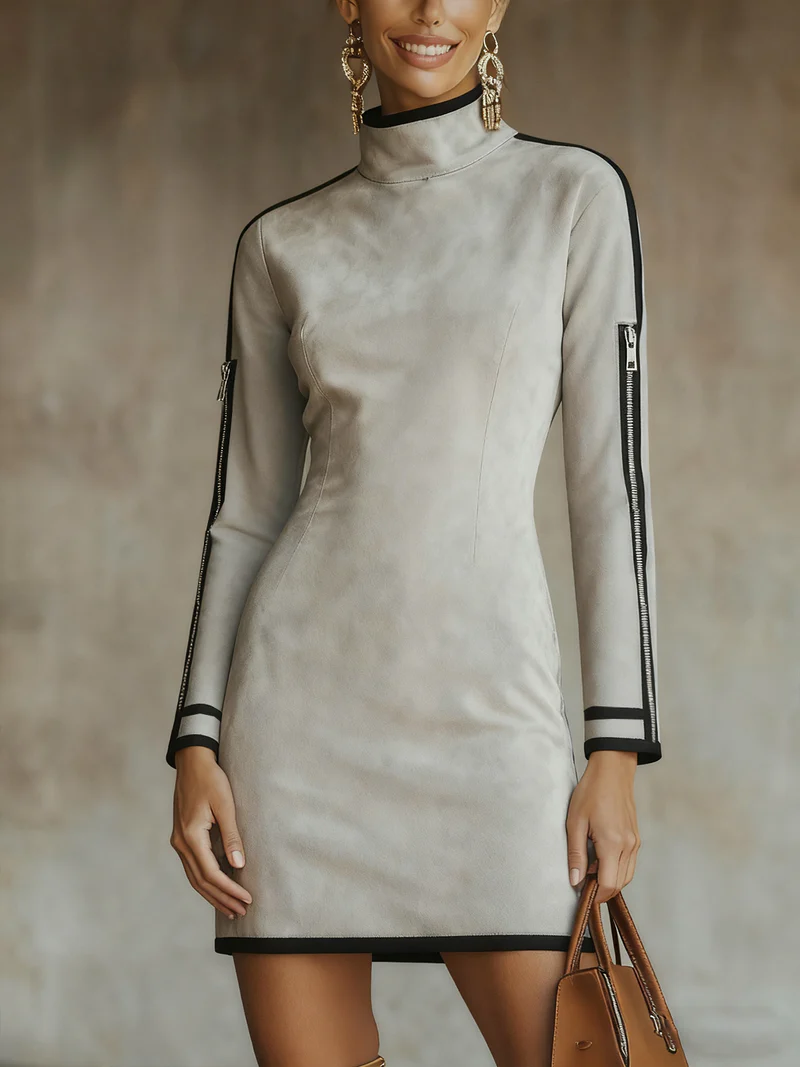 Light Gray Faux Suede High-neck Zip-up Mini Dress-thevervian