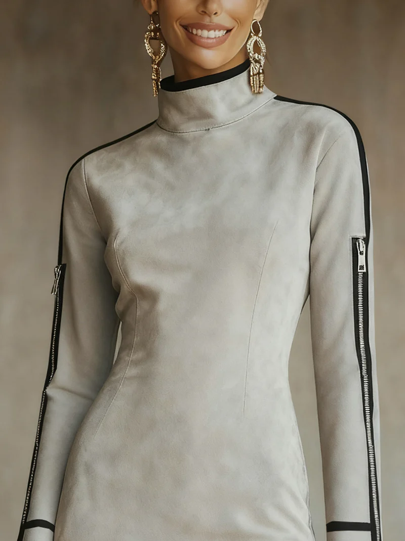 Light Gray Faux Suede High-neck Zip-up Mini Dress-thevervian