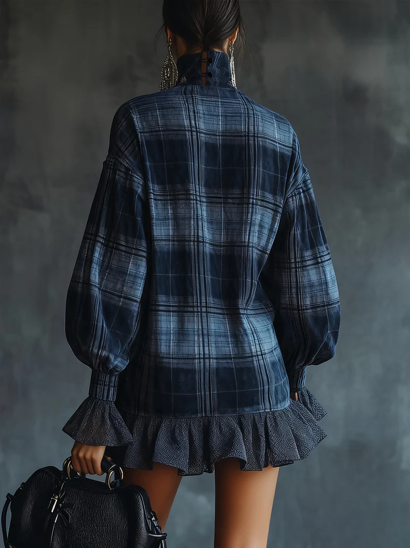 Blue Plaid Turtleneck Mesh Ruffle Mini Dress-thevervian