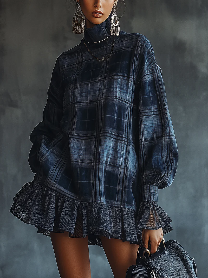 Blue Plaid Turtleneck Mesh Ruffle Mini Dress-thevervian