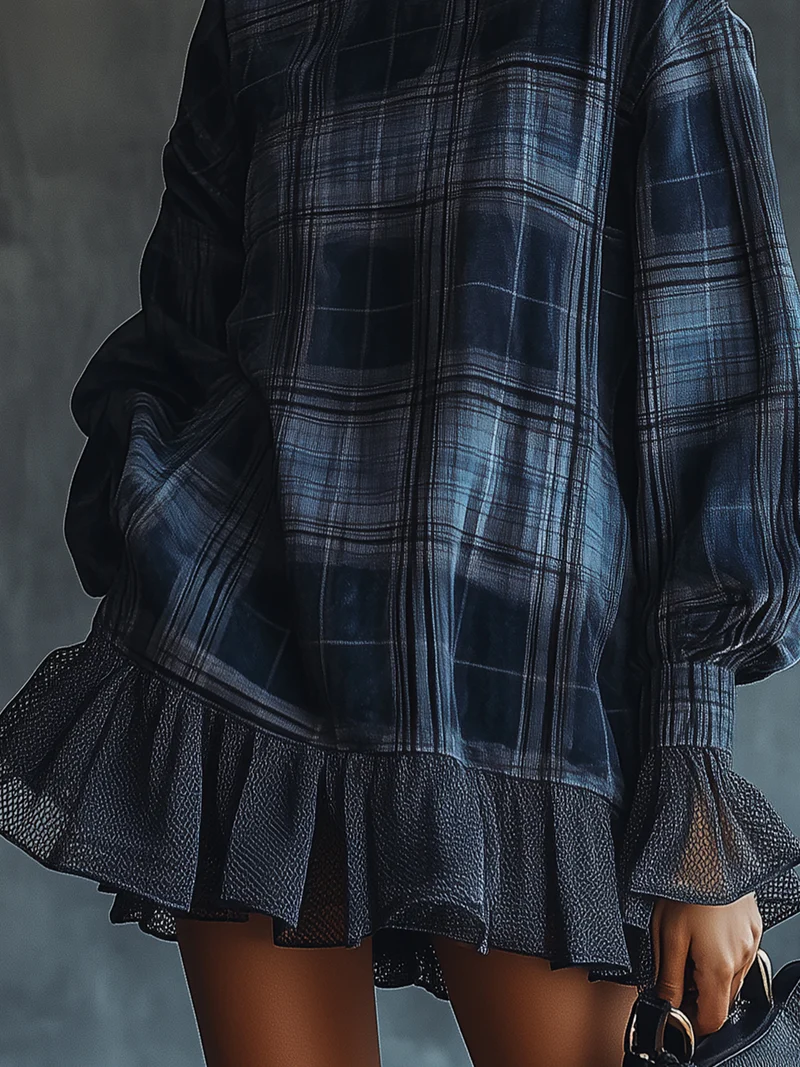 Blue Plaid Turtleneck Mesh Ruffle Mini Dress-thevervian